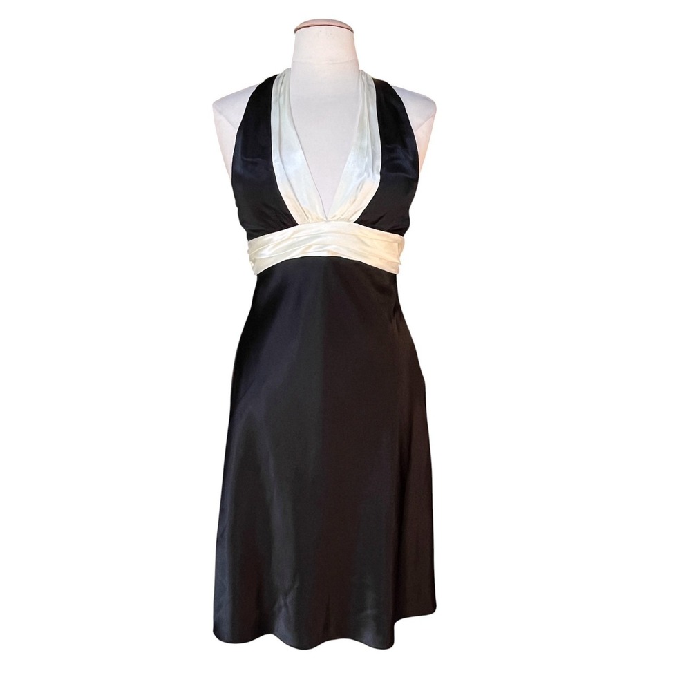 Night Way Womens Black White‎ Halter Babydoll Ruched Satin Cocktail Dress Size 8